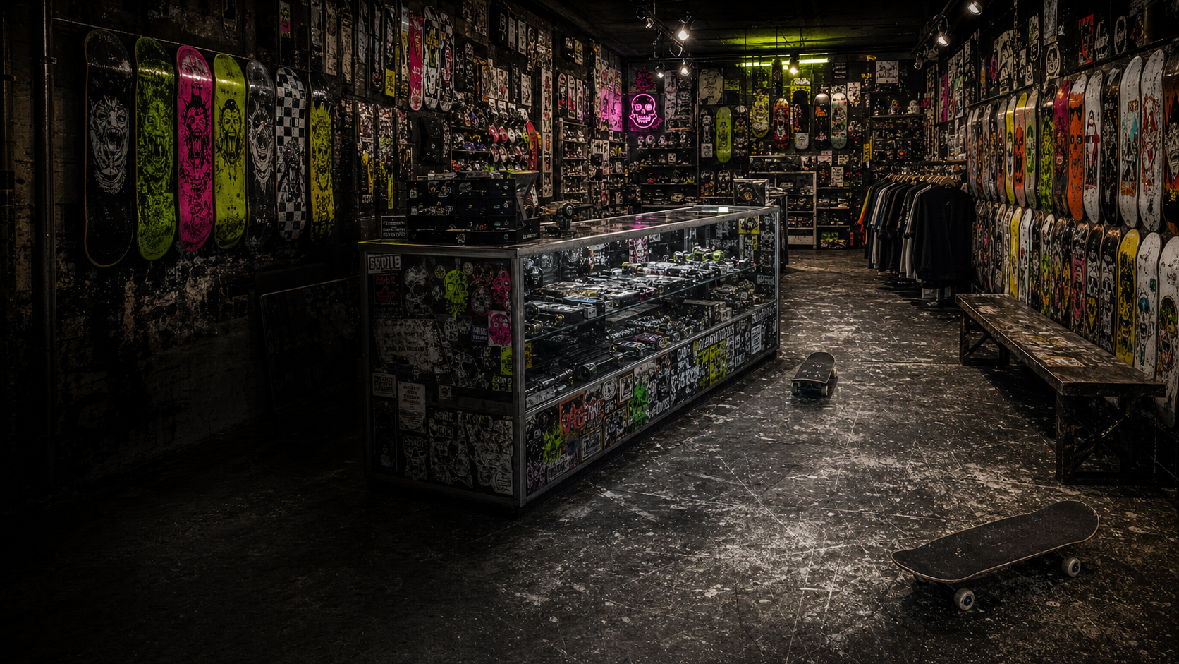 Inside the Rail Rot skate shop, decks lining the wall