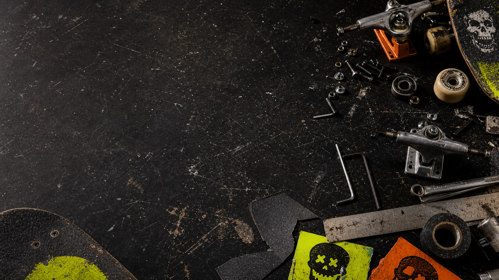 Skateboard repair bench with trucks, wheels, bearings, and tools