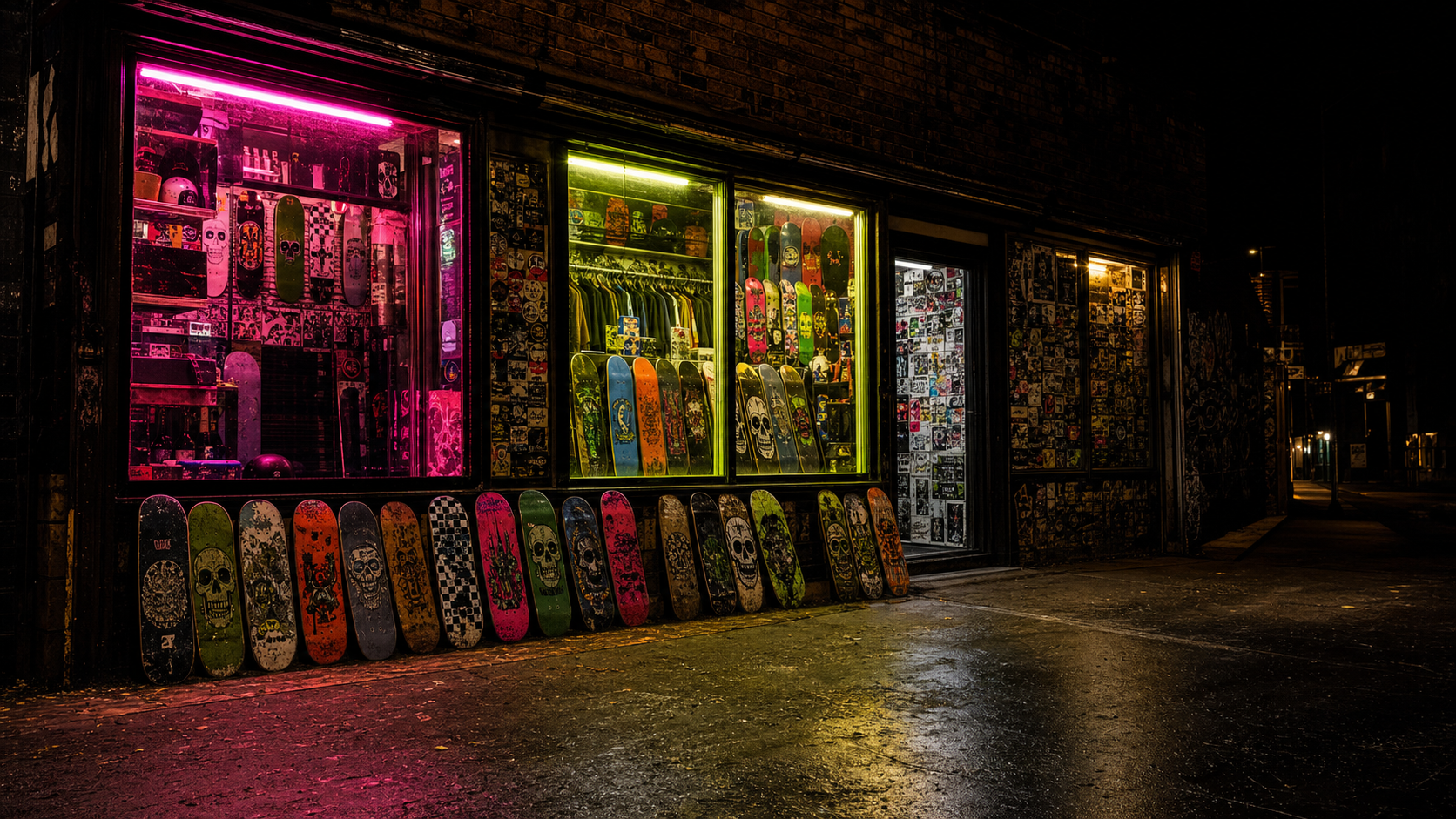 Nighttime independent skate shop storefront with decks in the window